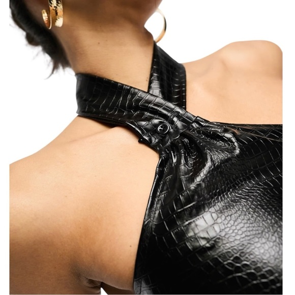 Simmi Maxi Bodycon Dress  Halter Neck, Leather Croc,  Solid Black, Size 2 - Picture 14 of 14